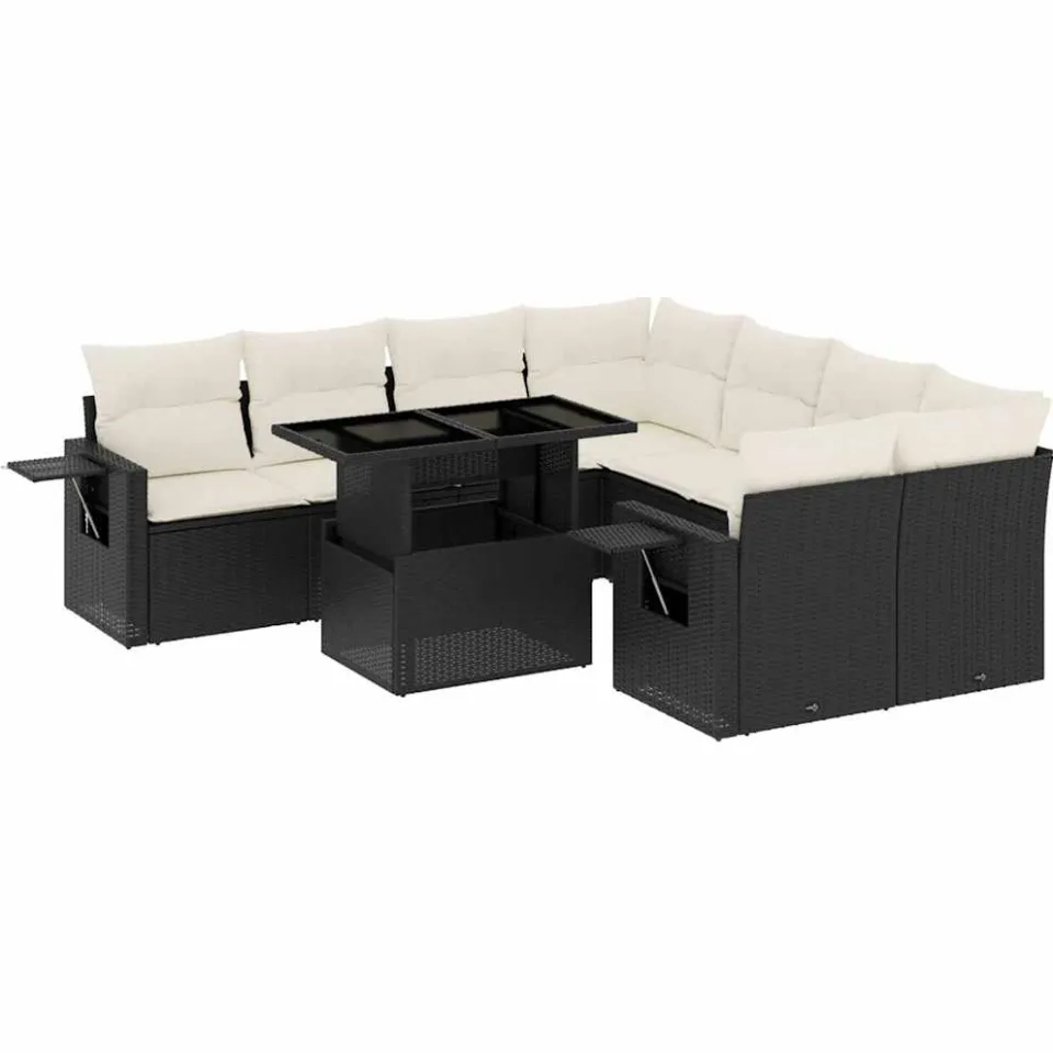 vidaXL 9-delige Loungeset met kussens poly rattan zwart