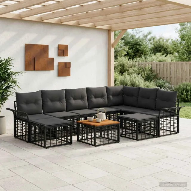 vidaXL Buiten bankenset 10 st 9-zits Zwart en Donkergrijs Polyester