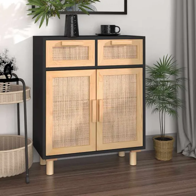 vidaXL Dressoir 60x30x75 cm massief grenen hout en rattan zwart, foto 2