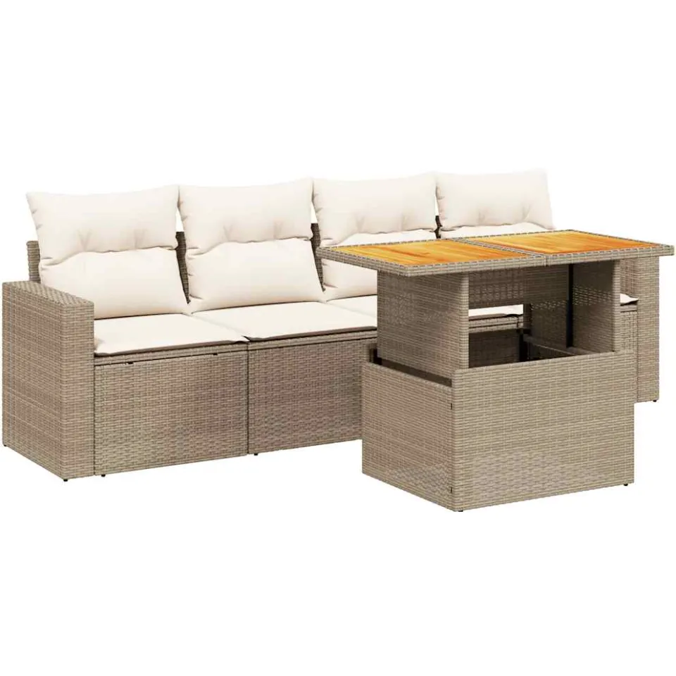 vidaXL 5-delige Loungeset met kussens poly rattan beige, foto 3