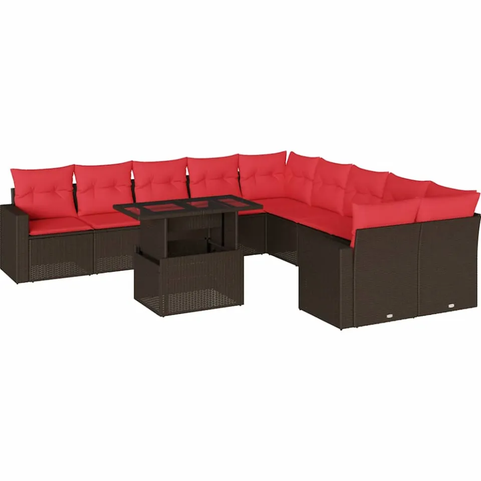 vidaXL 11-delige tuinbankset met kussens, bruin polyrotan