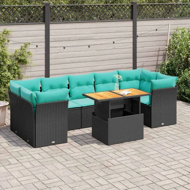 vidaXL 8-delige Loungeset met kussens poly rattan zwart, foto 2