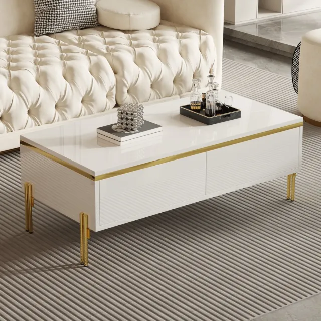 DESMIU Salontafel - Hoogglans Met Verborgen Lades En Gouden Accenten - Voor Woonkamer En Moderne Interieurs - Spaanplaat - Wit - 100 X 50 X 36 Cm