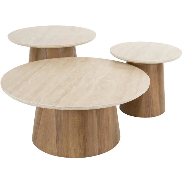 Nest of Nora Salontafel Sorell - Set van 3 rond - Keramiek travertin bijzettafel Gebroken wit