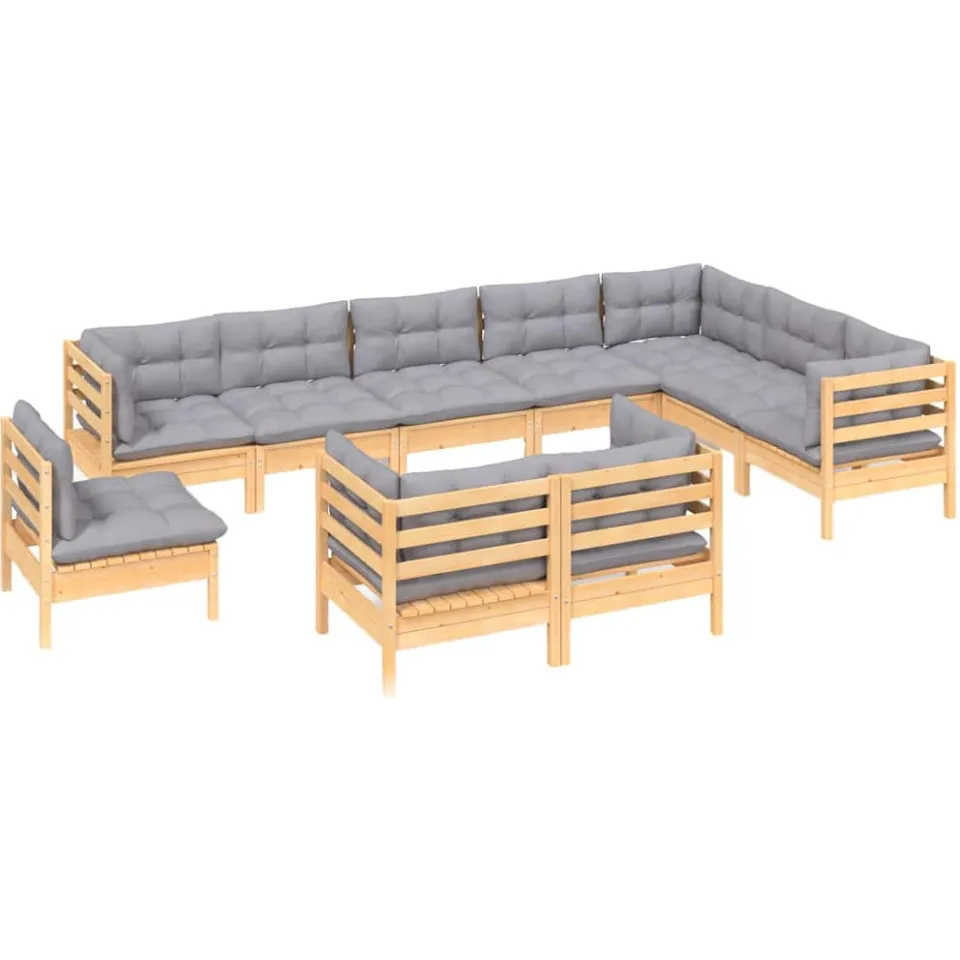 vidaXL 10-delige Loungeset met grijze kussens massief grenenhout Grijs
