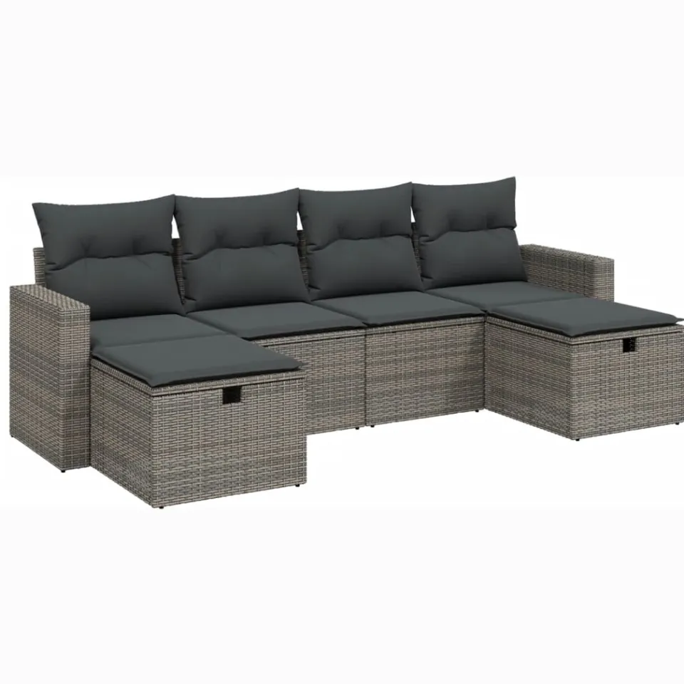 vidaXL 6-delige Loungeset met kussens poly rattan grijs, foto 3