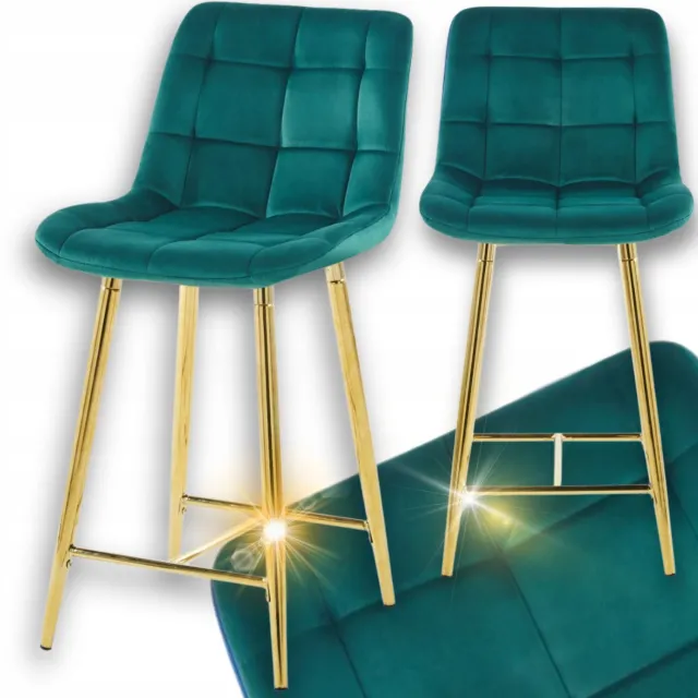Furnitex Lage Groene Velvet Hocker met Gouden Poten - Stijlvol Keukenmeubel Green