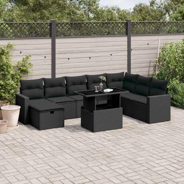 vidaXL 9-delige Loungeset met kussens poly rattan zwart, foto 2