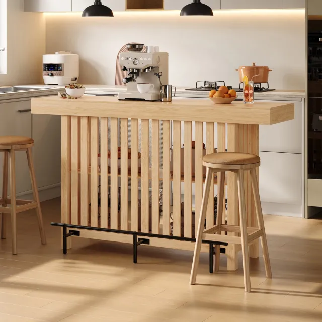 DESMIU Bartafel - Met Twee Legplanken en Voetensteun - Voor Keuken, Eetkamer en Huisbar - MDF - 160 x 40 x 105 cm - Naturel