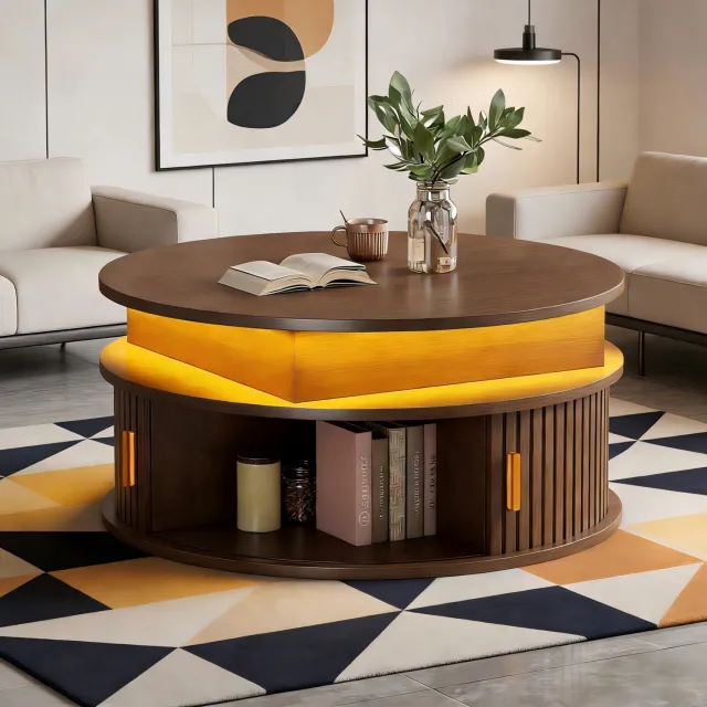 CHICFURN Salontafel 75 cm - hoogteverstelbaar - rond met LED - 2 roldeuren - woonkamer - MDF - walnoot Walnootkleur