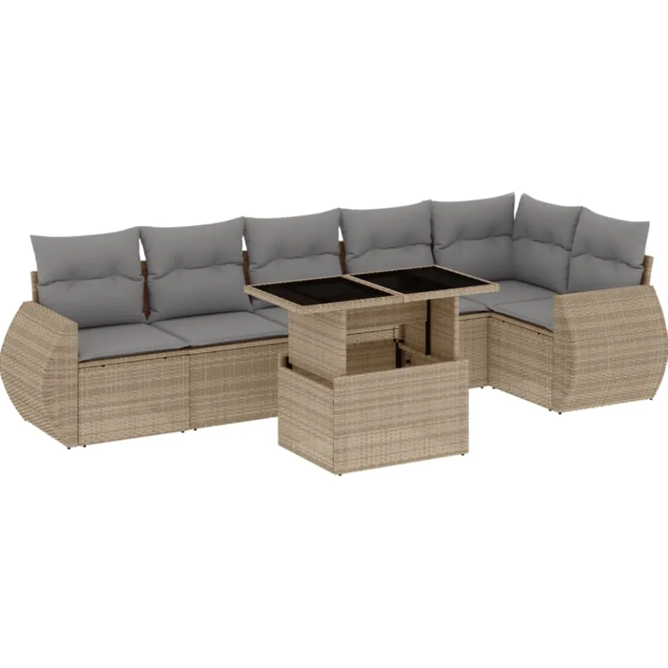 vidaXL 7-delige Loungeset met kussens poly rattan beige, foto 3