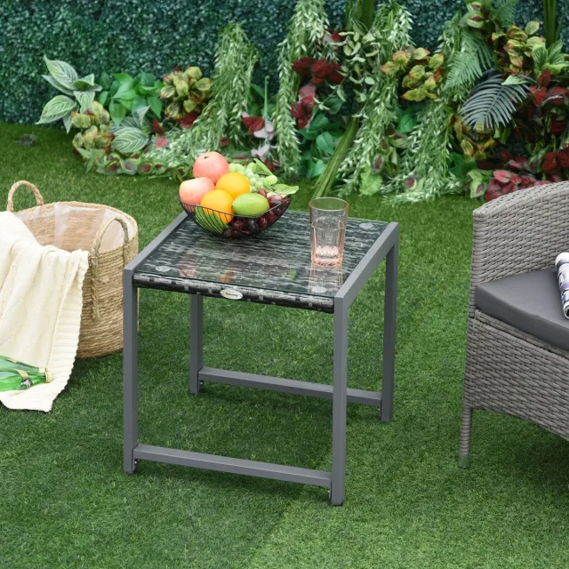 FloraGrace Tuintafel - Compacte Bijzettafel Voor Balkon, Tuin En Terras - Weerbestendig - Aluminium Met Gehard Glas - 50x49,5x50 Cm - Grijs