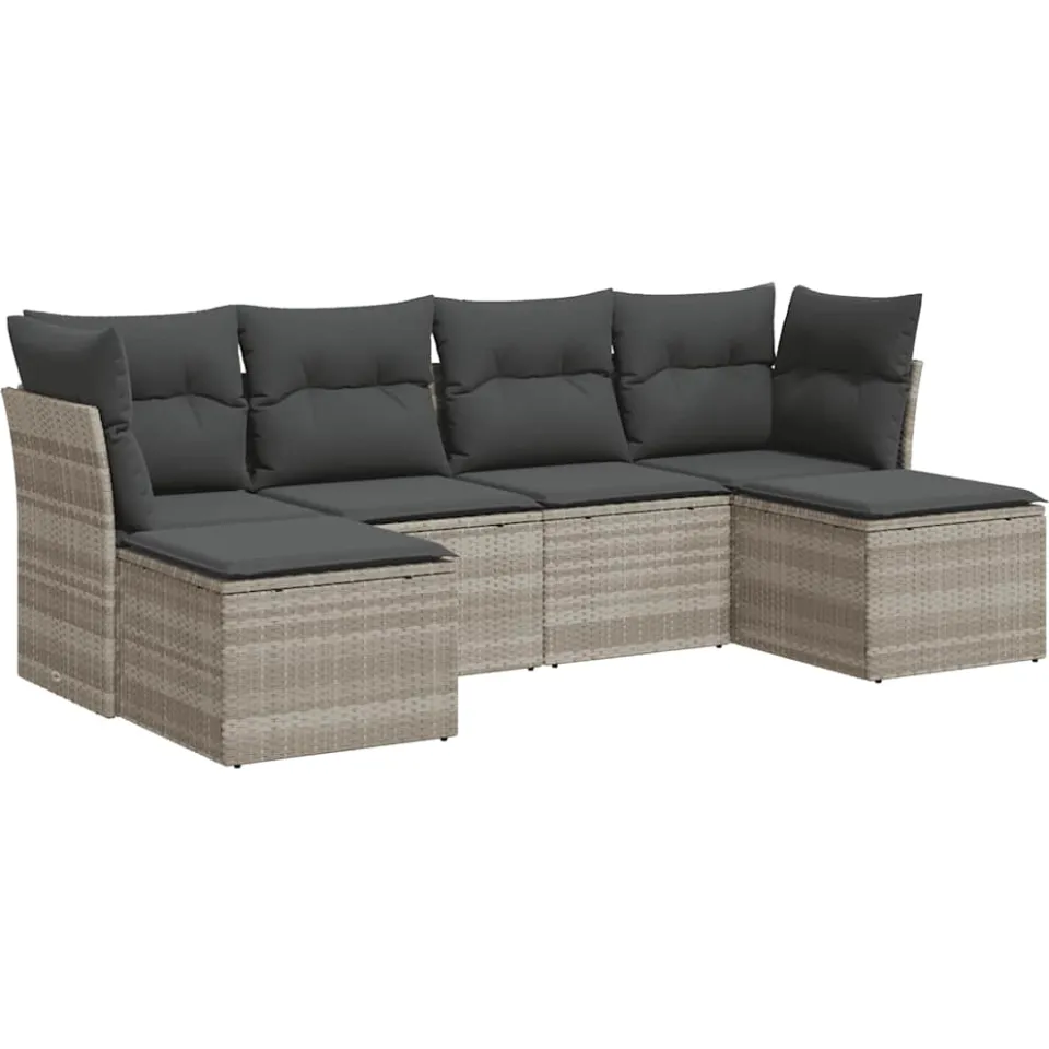 vidaXL 6-delige Loungeset met kussens poly rattan lichtgrijs grijs, foto 3