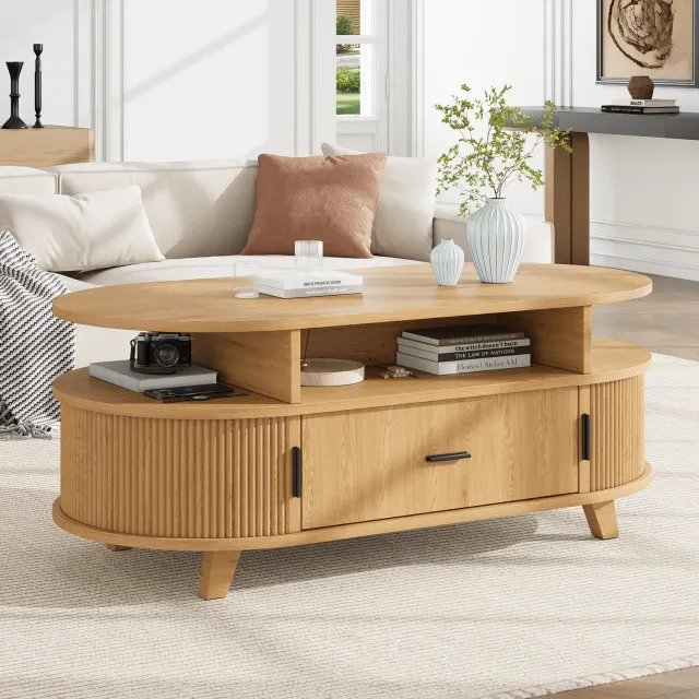 DantefHandels Naturelkleur salontafel ovaal 100x50x40cm, woonkamertafel met 1 lade en 2 rolschuifdeuren, open & gesloten opbergruimte, MDF, houtoptik, 4 poten, salontafel voor de woonkamer, draagvermogen 30kg