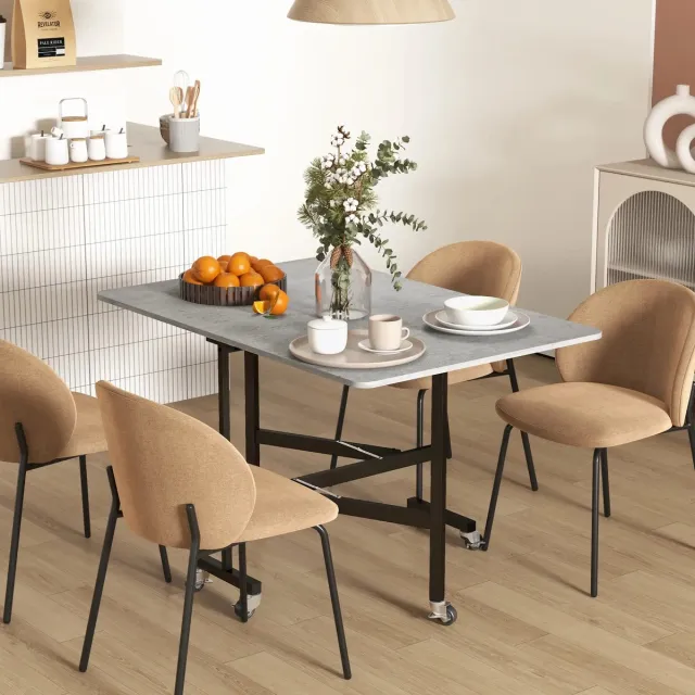 Pugsdrly Eettafel voor 4-6 personen, klaptafel met wieltjes, stalen frame, 52,5-120 x 80 x 73 cm, grijs