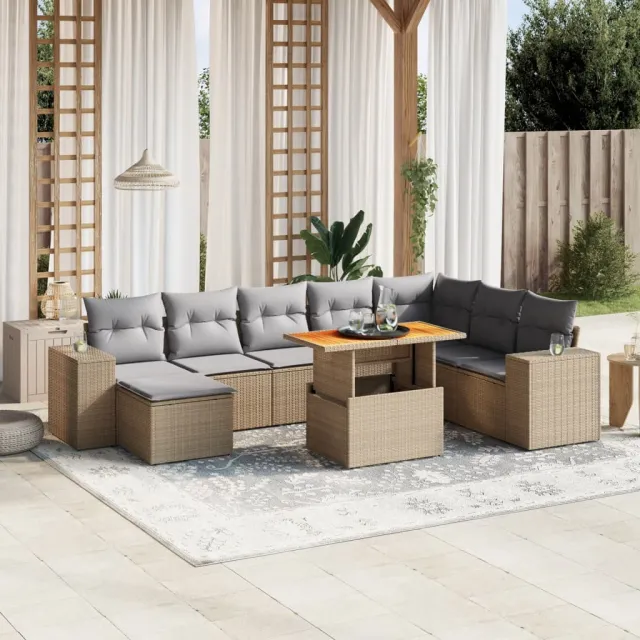 vidaXL 9-delige Loungeset met kussens poly rattan beige, foto 2