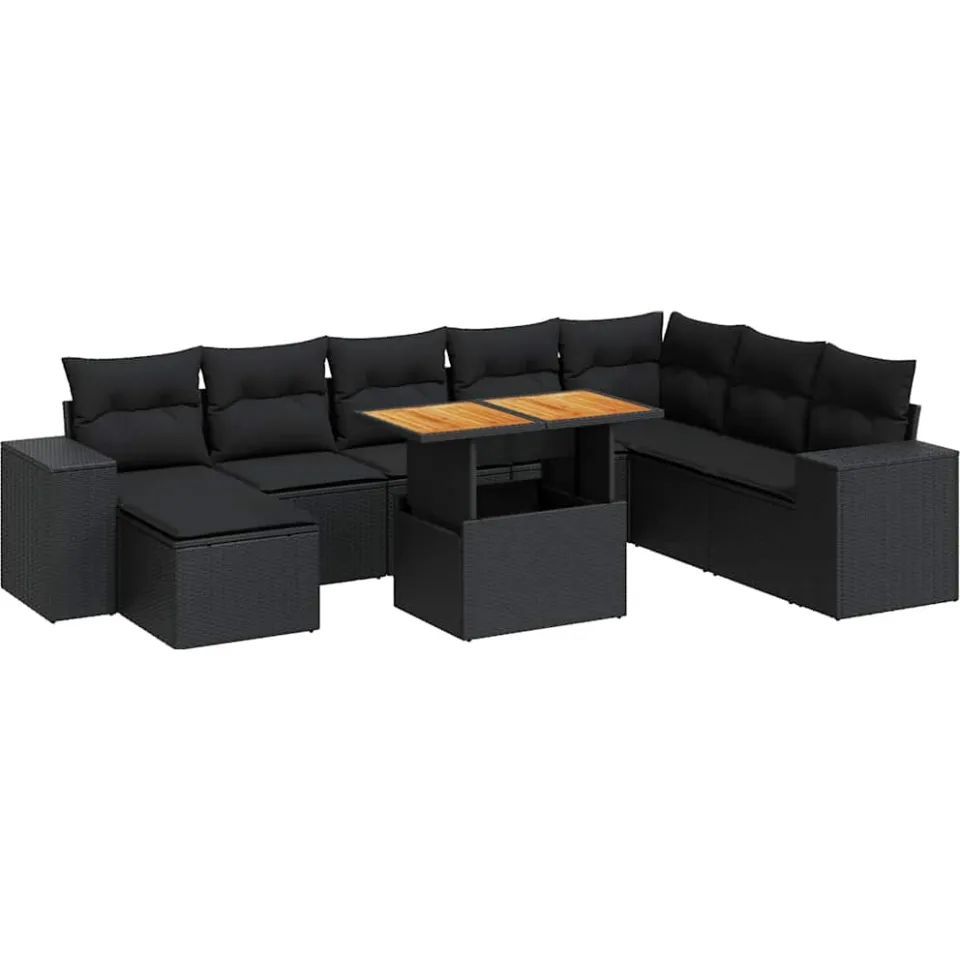 vidaXL 9-delige Loungeset met kussens poly rattan acacia zwart, foto 3