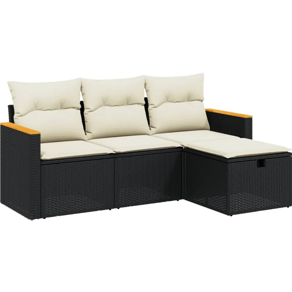 vidaXL 4-delige Loungeset met kussens poly rattan zwart