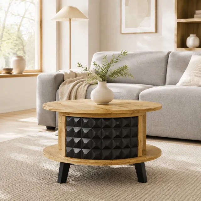 CHICFURN Salontafel - Draaibare opbergruimte - Rond - Naturel Natuurlijk