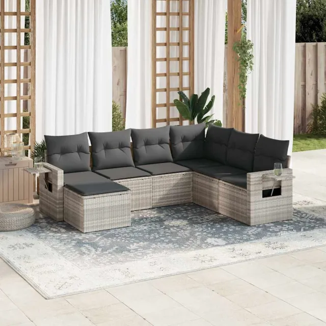 vidaXL 7-delige Loungeset met kussens poly rattan lichtgrijs grijs, foto 2
