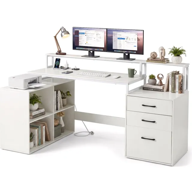 Costway L-vormig bureau met stopcontacten, 166 x 90 cm hoekbureau met documentenvak, kubusrek & laden, computertafel met printer- & monitorstandaard, hoektafel voor thuiswerk en thuiskantoor Wit