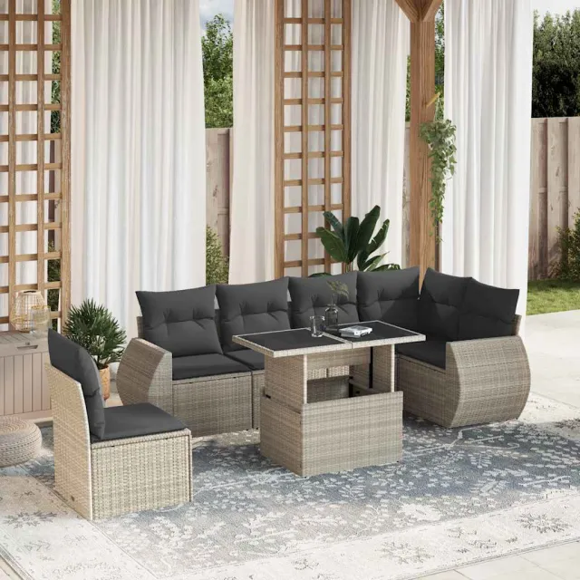 vidaXL 7-delige Loungeset met kussens poly rattan lichtgrijs grijs, foto 2