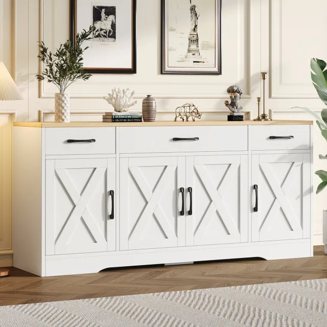 Sweiko Dressoir - Halmeubel - 4 deuren - 3 lades - Houtlook - Metalen handgrepen - Verstelbare planken - Wit