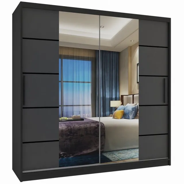B BELINI GROUP BELINI Verona ME Schuifdeurkast 200 cm Zwart/Grijs Mat - Kledingkast met Spiegel - Comfort Line Slaapkamerkast
