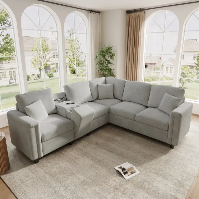 STILVORA Hoekbank 235 x 208 cm - 5-Zits Met Opbergconsole, Bekerhouders, USB, Type-C en Leeslamp - Voor Woonkamer - Chenille Lichtgrijs