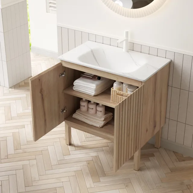 COVREO Badkamer wastafelmeubel 80,5x46,5x86,5 cm wit en white oak, met wastafel