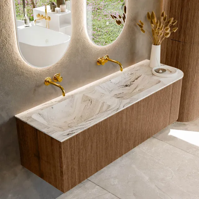 Mondiaz KURVE-DLUX 145 cm Onderkast Greeploos 1 Lade Met Deuren Walnut, Wastafel Solid Surface Links Glace 0 Kraangaten Zonder Spiegel (KRVLEA145R1L1D0KD-Wal/Gla)
