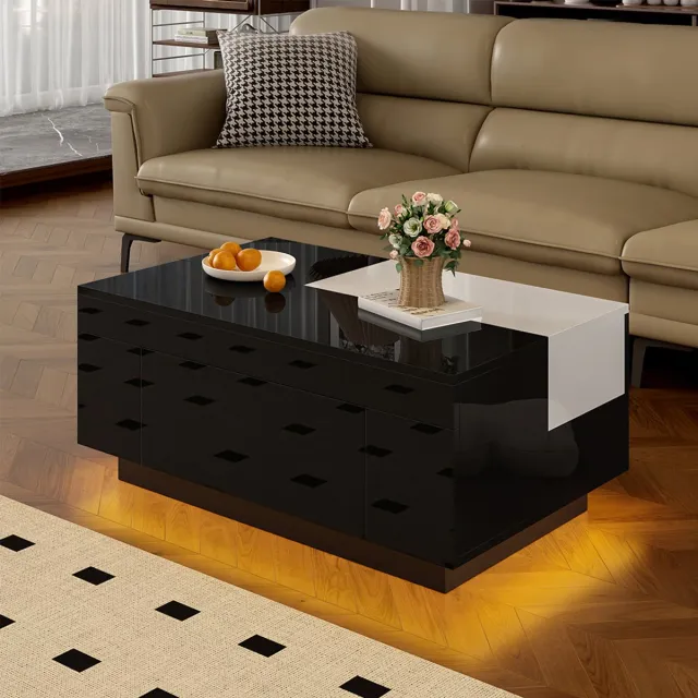 Pugsdrly Glanzende salontafel met ledverlichting, zwart-wit uitschuifbaar blad, verborgen opbergruimte en ledstrip in 16 kleuren: de ideale keuze voor een elegante woonkamer. Zwart, Wit