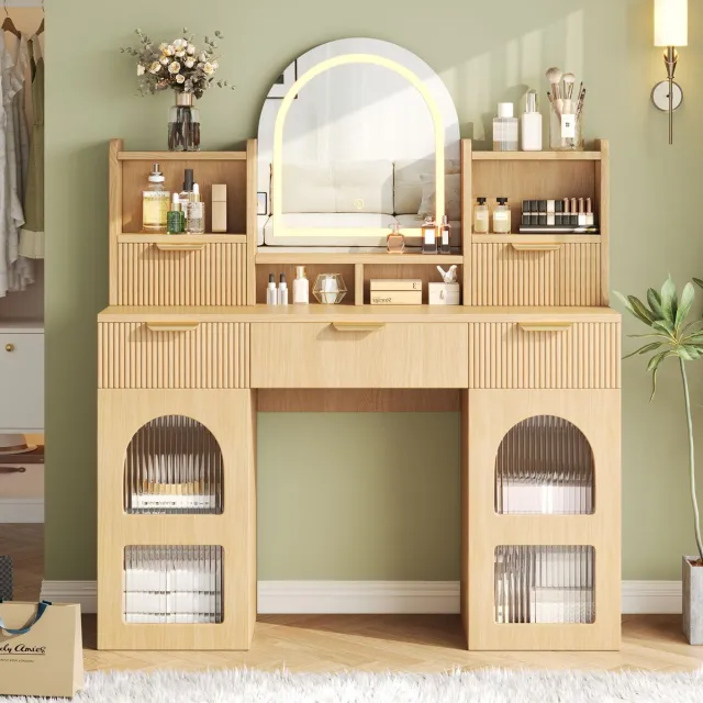 Sweiko Kaptafel - LED-verlichting - 3 lades - met spiegel - Houtlook - 120 x 40 x 139.5 cm - Naturel