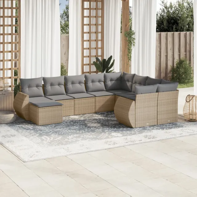 vidaXL 10-delige Loungeset met kussens poly rattan beige, foto 2