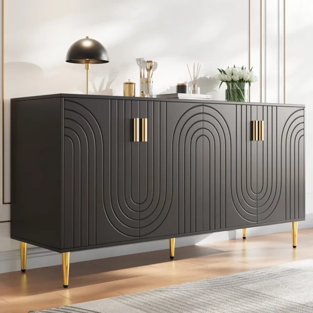 REDOM Sideboard Zwart 152 x 40 x 75 cm – Golf‑front met gouden handgrepen & poten, MDF, 4 vakken, 60 kg draagvermogen Black