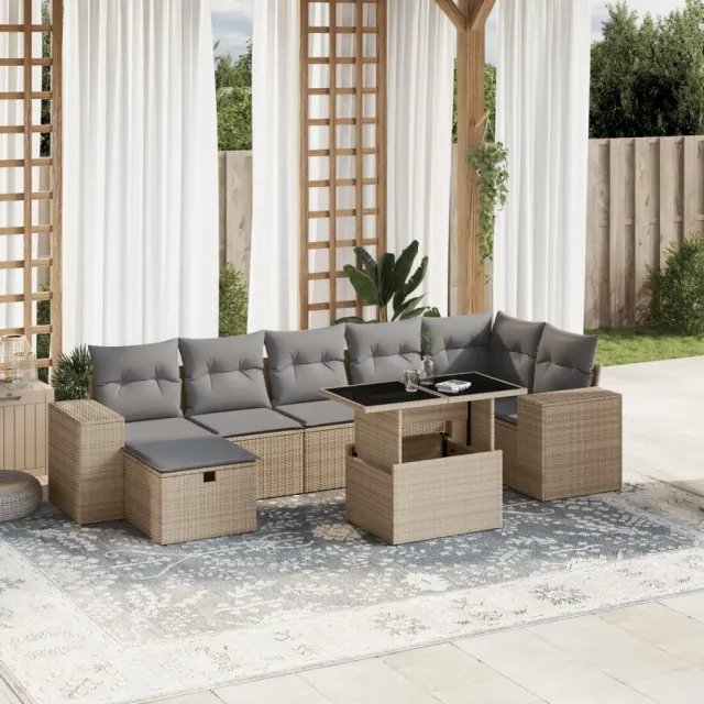 vidaXL 8-delige Loungeset met kussens poly rattan beige, foto 2