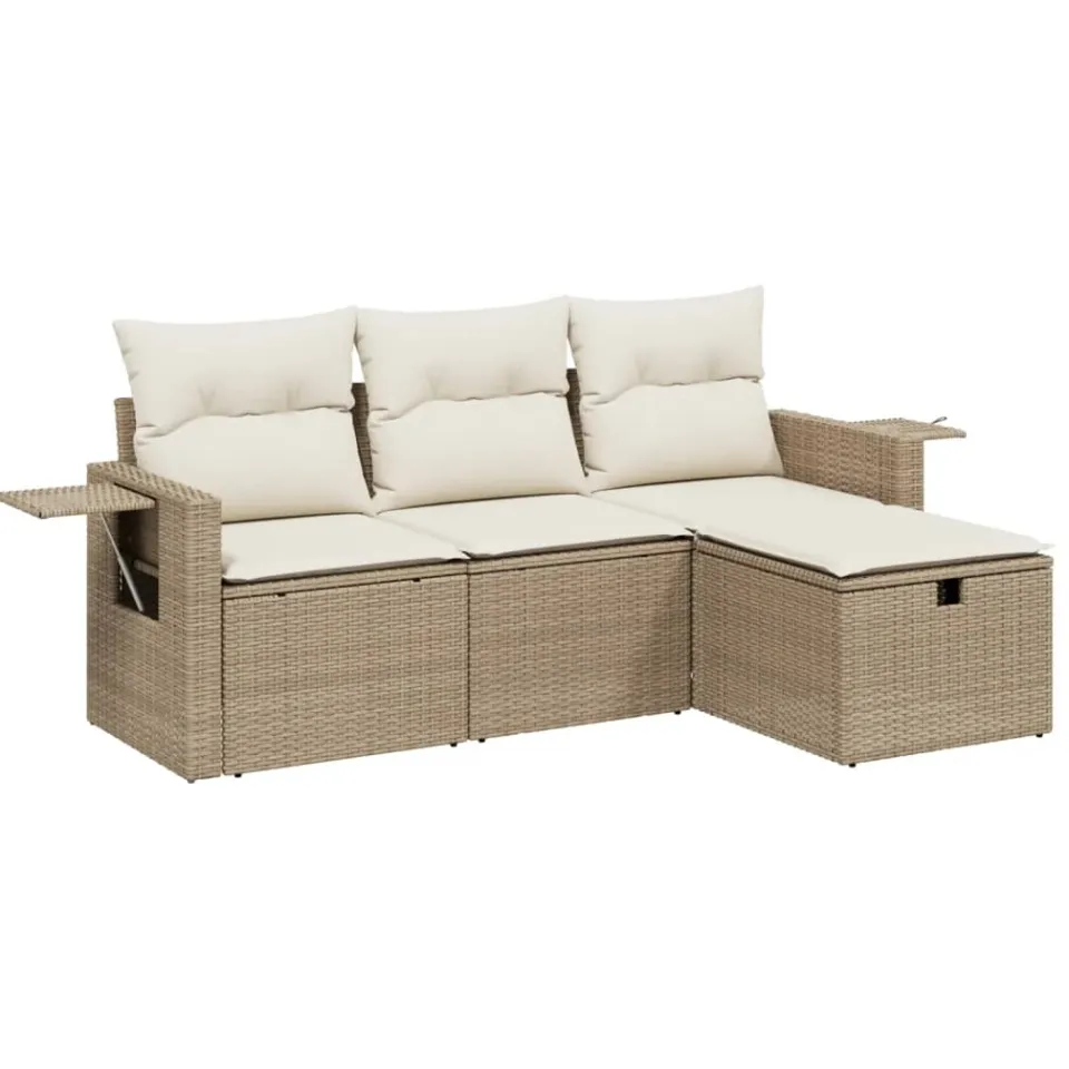 vidaXL 4-delige Loungeset met kussens poly rattan beige, foto 3
