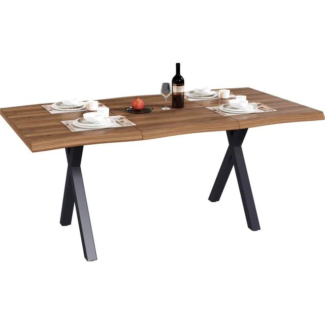 REDOM Eettafel met tafelblad van 160 x 78 cm - Golvende tafelrand en X-poten - Walnoot Walnootkleur