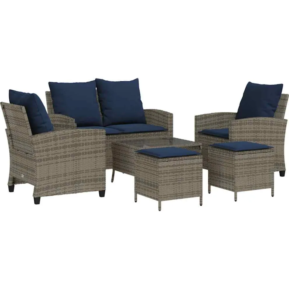 vidaXL 6-delige Loungeset met kussens poly rattan grijs