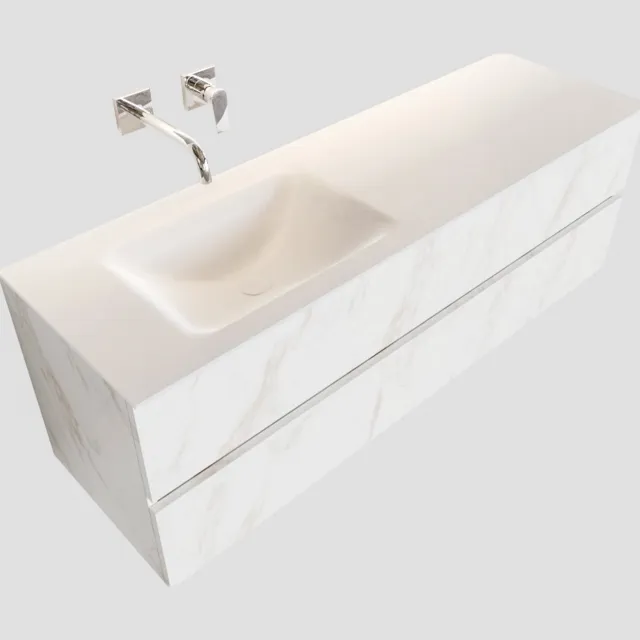 Boss & Wessing Badkamermeubel BWS Valencia Carrara Mat 150 cm Solid Surface Wastafel Links (0 kraangaten, 2 lades)