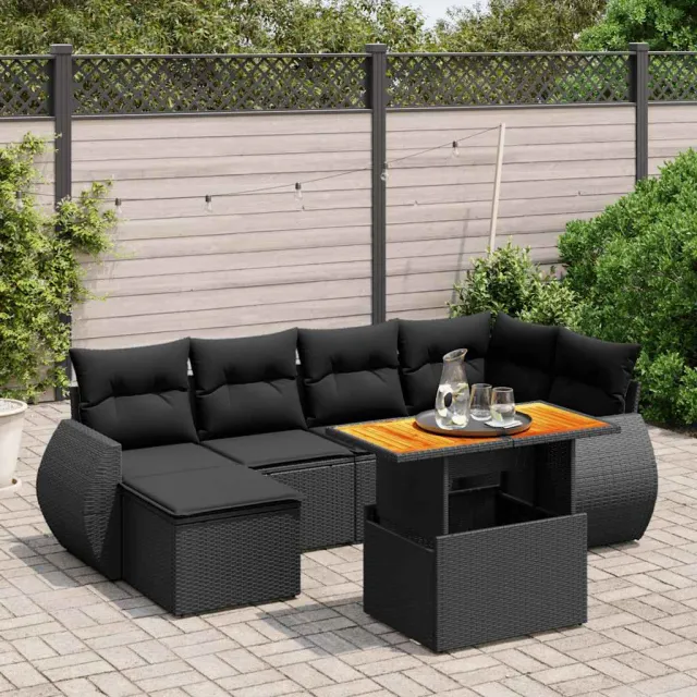 vidaXL 7-delige Loungeset met kussens poly rattan zwart, foto 2
