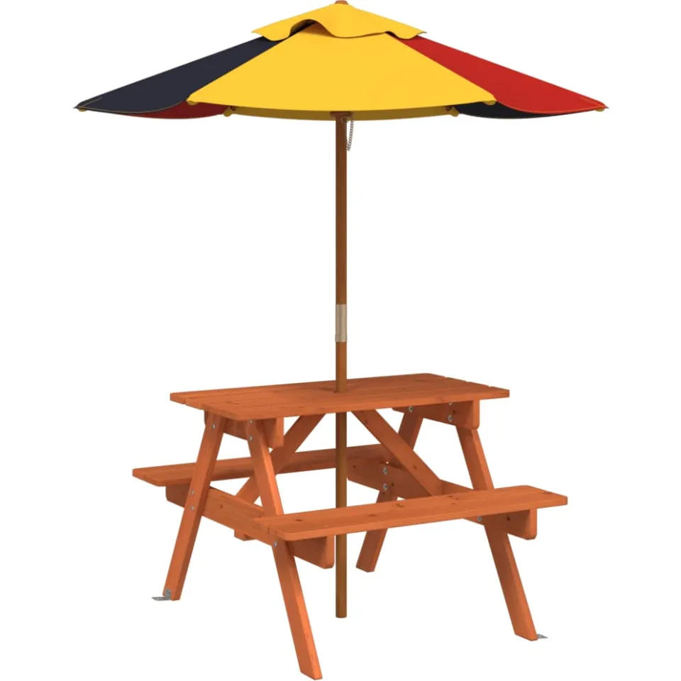vidaXL Picknicktafel voor 4 kinderen met parasol massief vurenhout bruin, foto 3