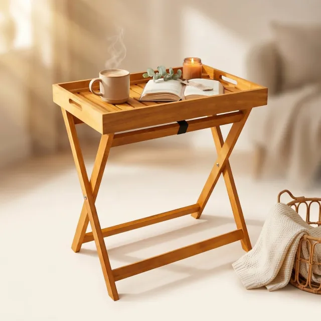 Cheqo Bijzettafel Inklapbaar met Afneembaar Dienblad - Klaptafel voor Buiten en Woonkamer - Tuin - Balkon - Terras - Kleine Houten Bijzettafeltje - Side Table - Opvouwbaar - Salontafel - Koffietafel - Campingtafel - Vouwbare Tafel Bruin