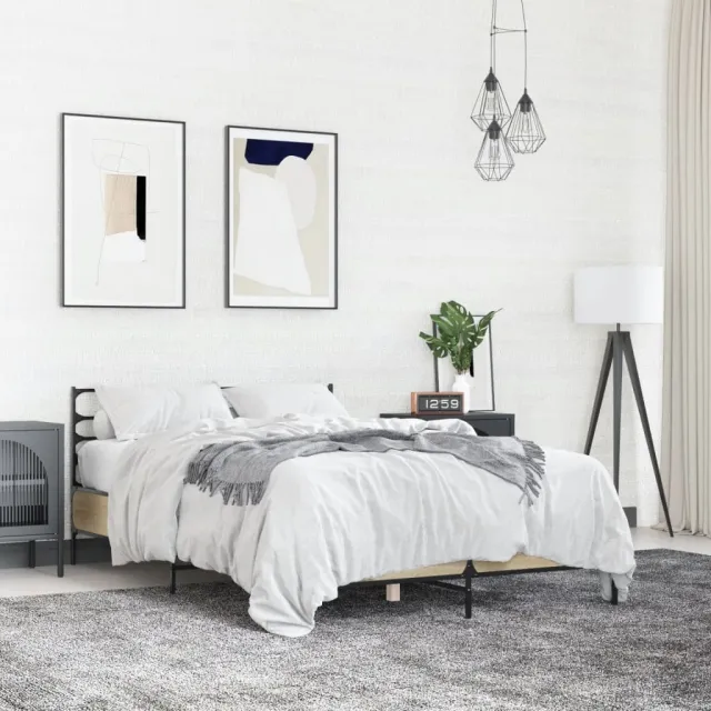 vidaXL Bedframe bewerkt hout metaal sonoma eikenkleurig 135x190 cm Bruin