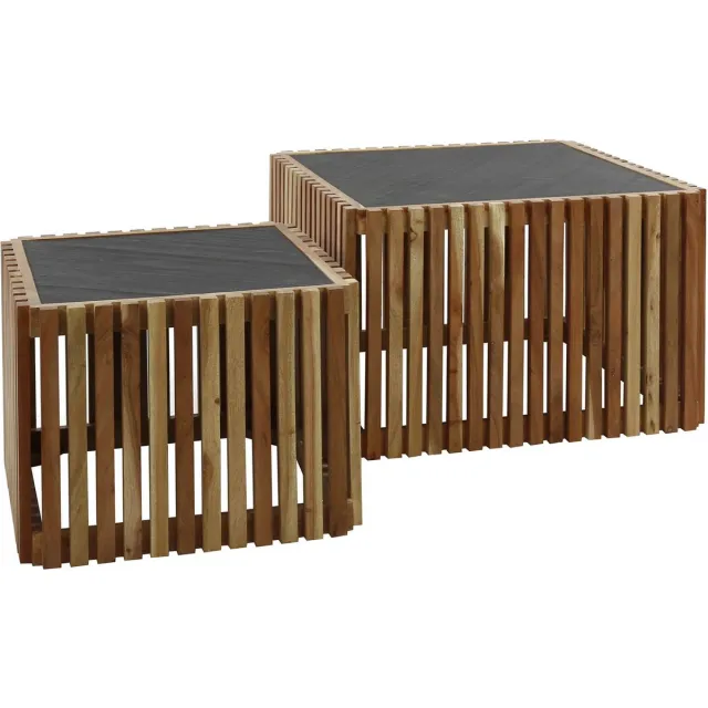 Dimehouse DH Interior Vierkante salontafel set van 2 Taylor leisteen acaciahout - 58 x 58 x 40 cm - Steen - Industrieel - Vierkant