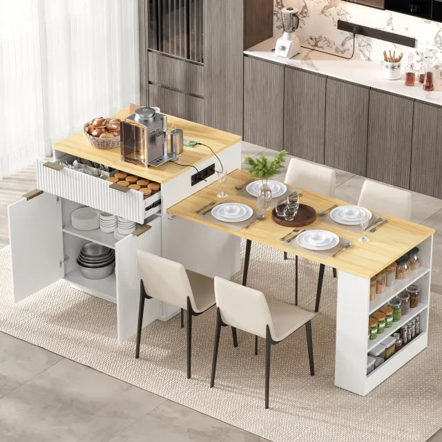 FloraGrace Eettafel - Uitschuifbare Keukeneiland Met Ledverlichting En Stopcontacten - Voor Keuken En Eetkamer - Mdf - Wit - 127,5 Tot 205 Cm
