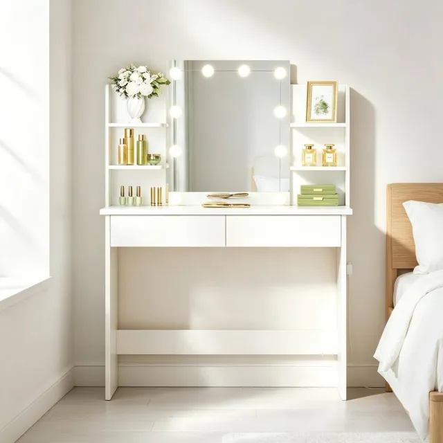 DESMIU Kaptafel Met Led Spiegel En Dubbele Lades 90 X 40 X 135 Cm Hout En Kunststof Wit Voor Slaapkamer En Make Up