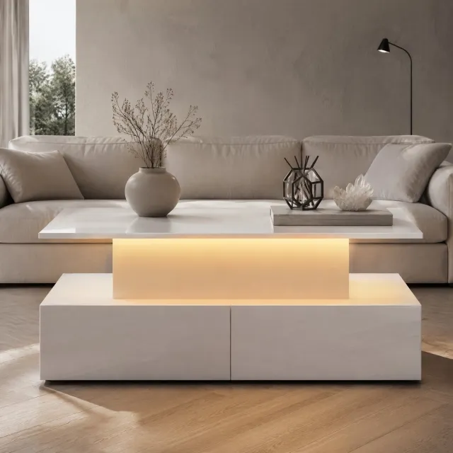 MEUNIQ Salontafel 90 x 55 x 41 cm met LED-verlichting, uitschuifbaar tafelblad, 4 druk-open lades en verborgen opbergruimte voor woonkamer, wit hoogglans