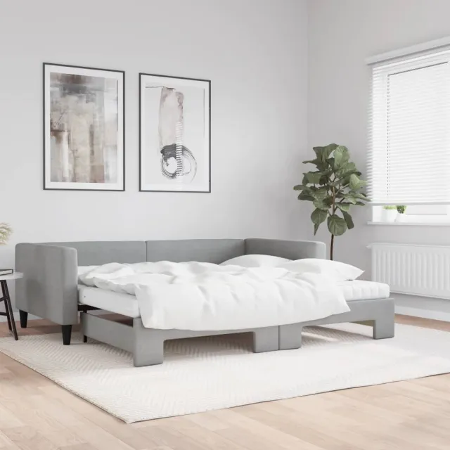 vidaXL Slaapbank onderschuifbed matrassen 100x200 cm stof lichtgrijs