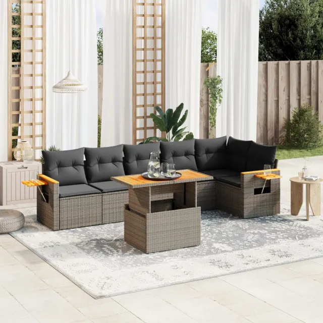vidaXL 7-delige Loungeset met kussens poly rattan grijs, foto 2